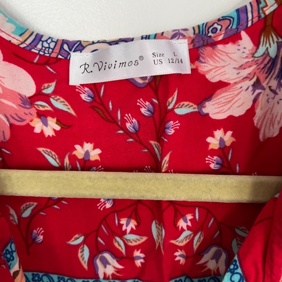 R.Vivimos Women's Long Sleeve Floral Print V Neck Bohemian Dress Large (RED) - Picture 3 of 4